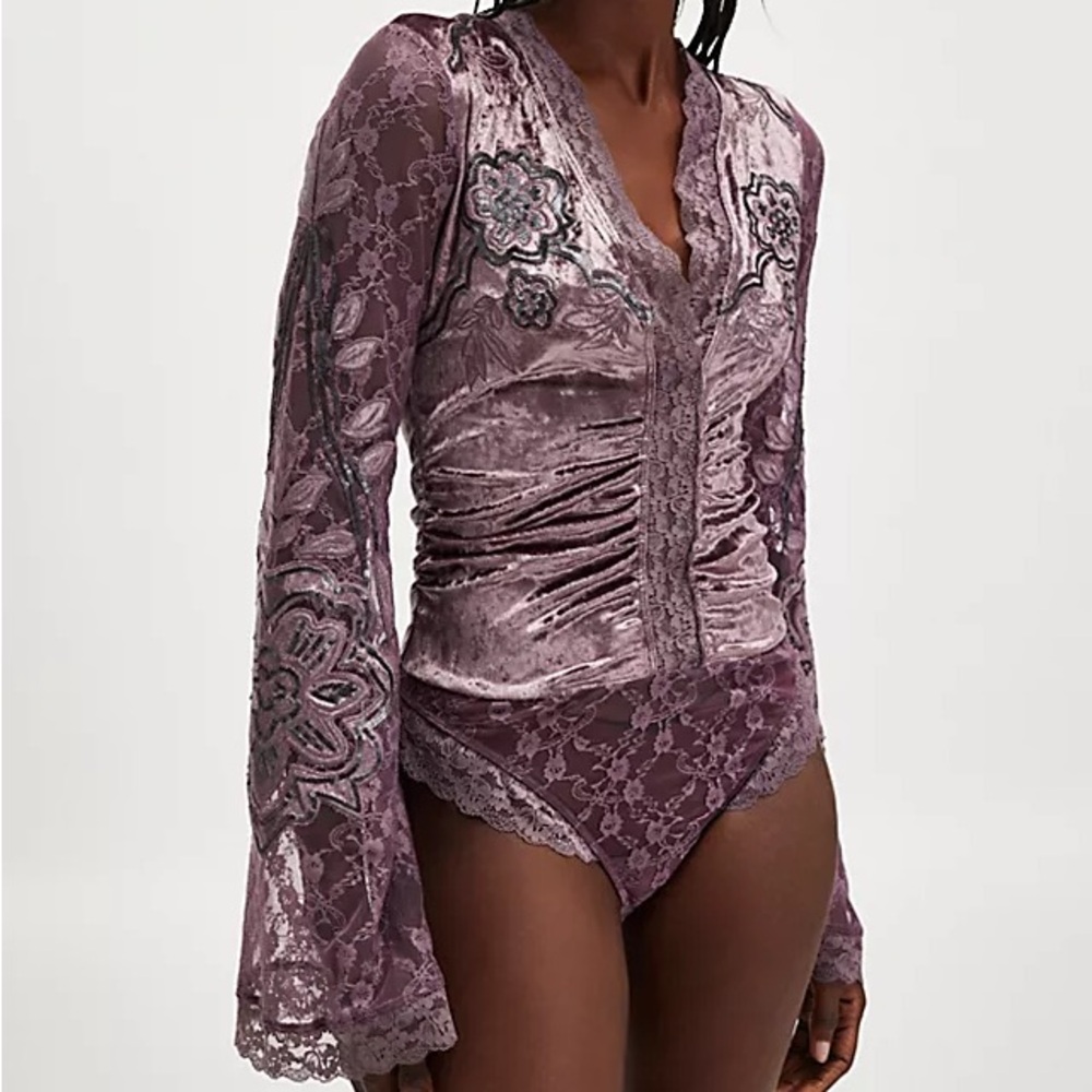 Free People NWOT Night Owl Bodysuit Small Purple Embroidered Whimsygoth Fairy